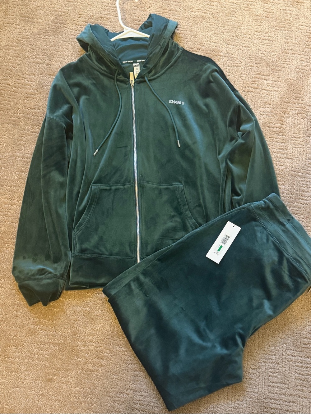 DKNY Deep Green Velour Zip Hoodie & Joggers Set